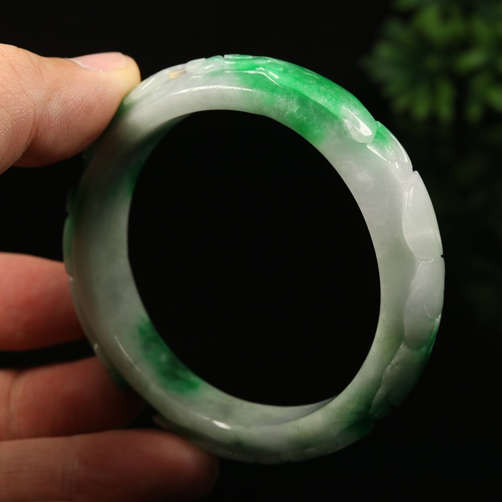 58mm White Emerald Green Jadeite Jade Bracelet Bangle Ruyi Rabbit Bat A-14597