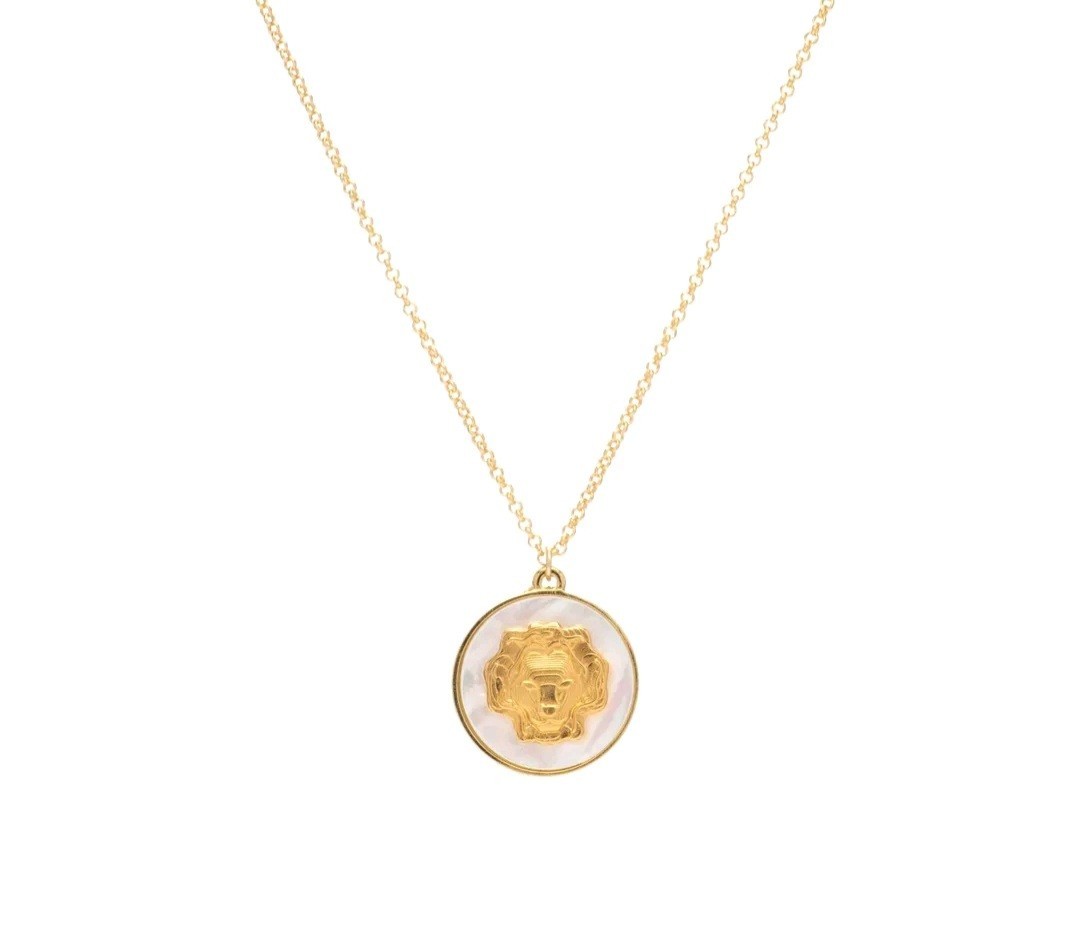 MAYAMAR. Mother of Pearl Zodiac Pendant Necklace “Leo” with Extender Chain.
