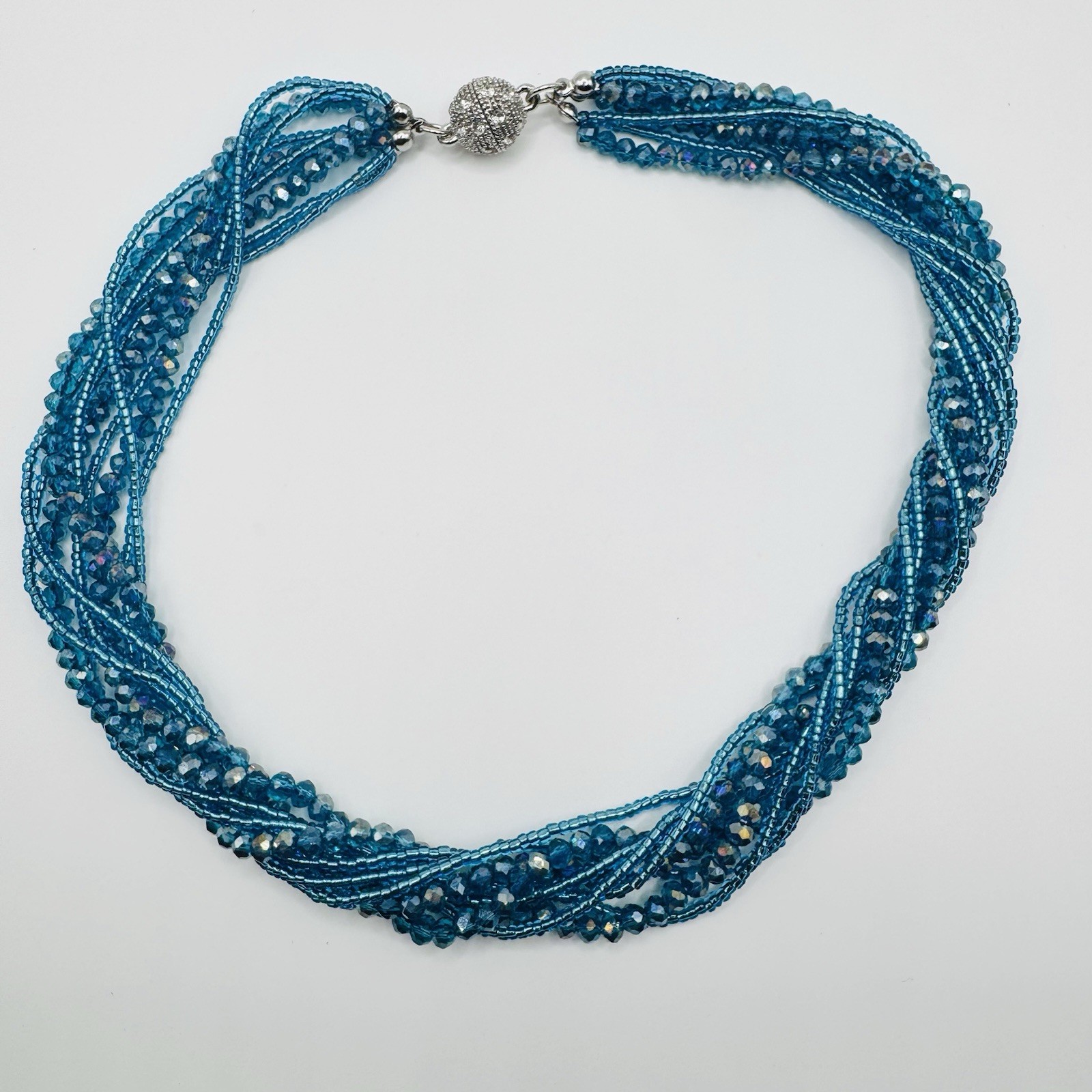 Teal Blue Multilayer Torsade Beaded Braided Chain Choker Collar magnetic Clasp