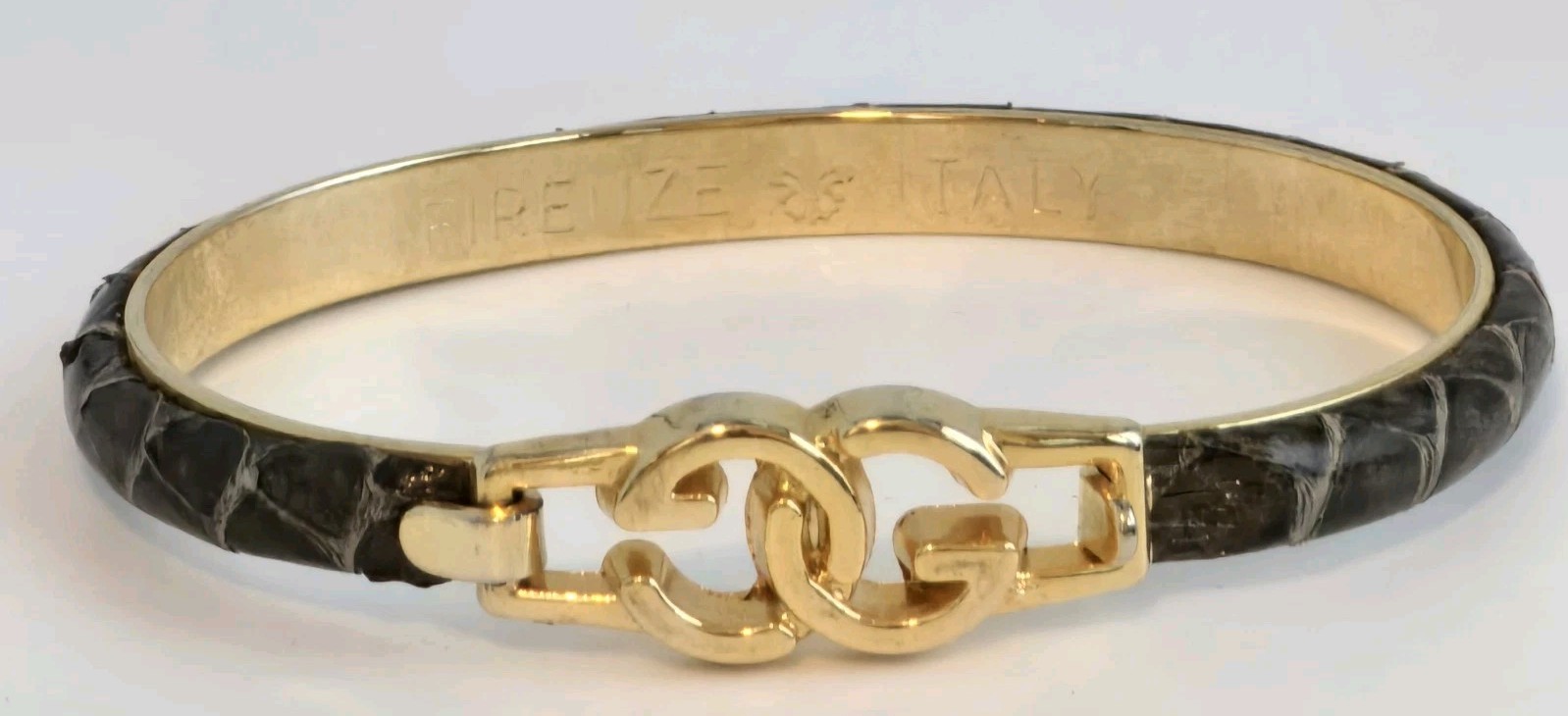 GUCCI SNAKESKIN BROWN GOLD-PLATED FIRENZE ITALY BANGLE BRACELET☆EC☆GUCCI LOGO