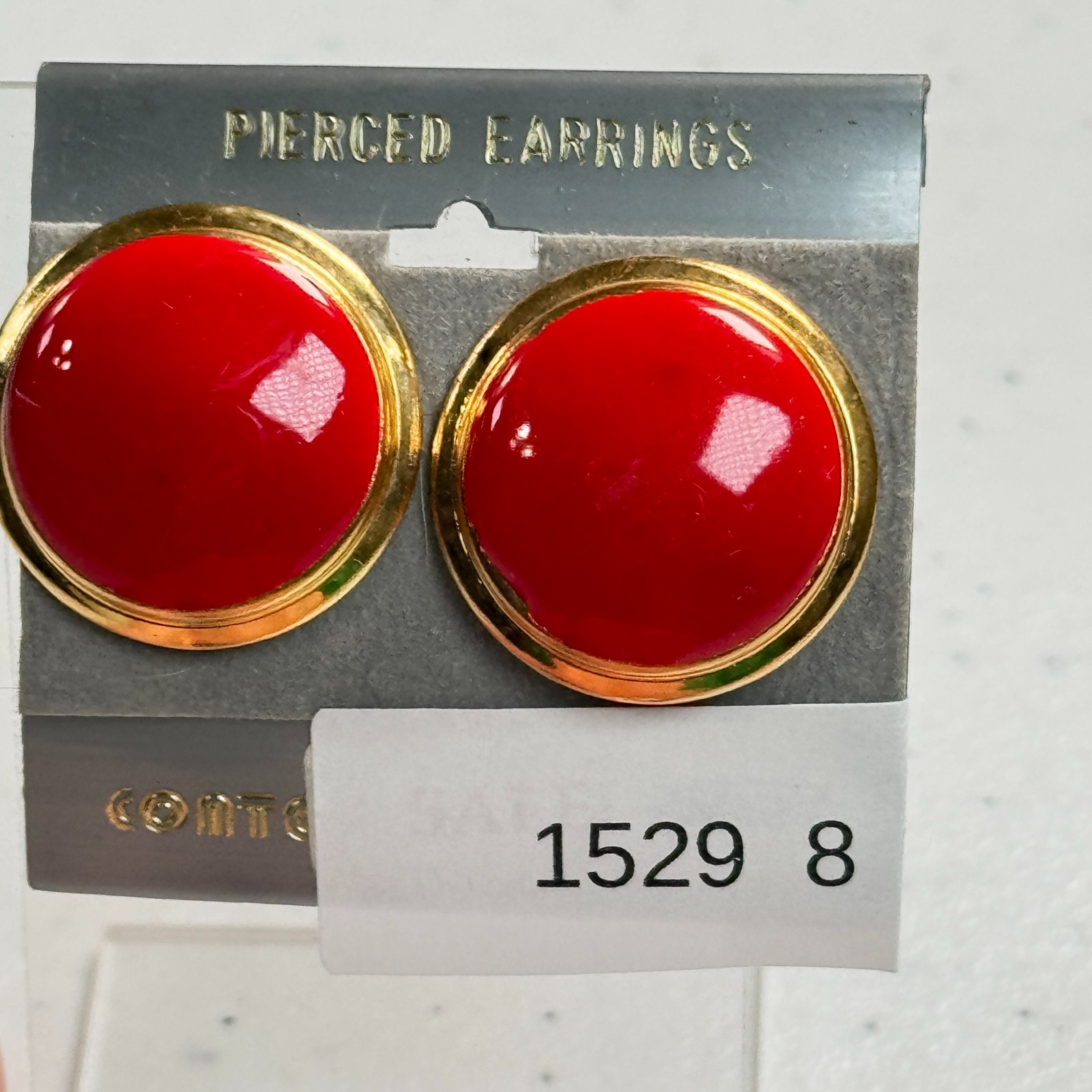 Vintage Pierced Earrings Red Enamel Dome Gold Tone 80s Statement Studs