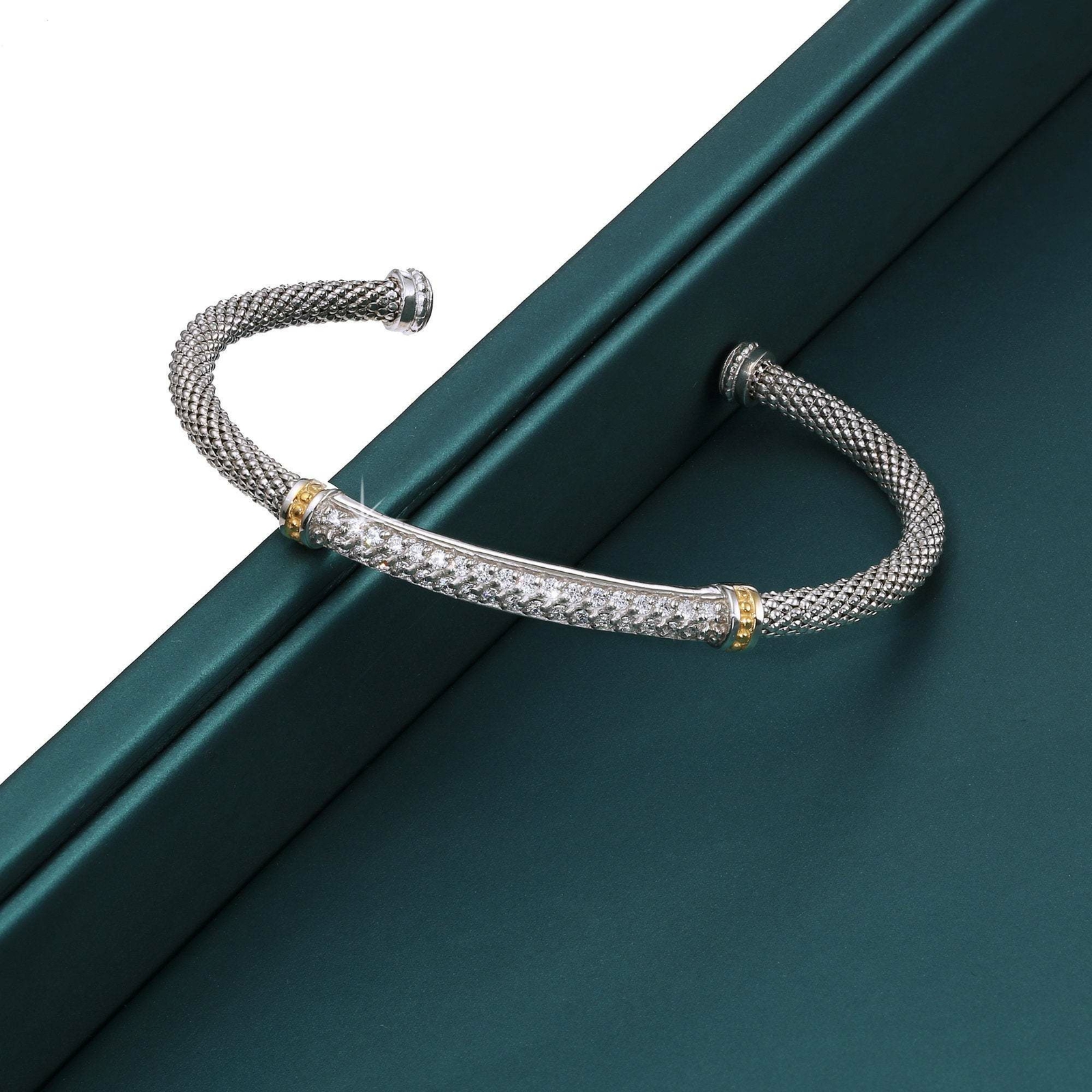 925 Solid Sterling Silver Italian Popcorn Chain Bangle Cuff Bracelet With CZ Bar