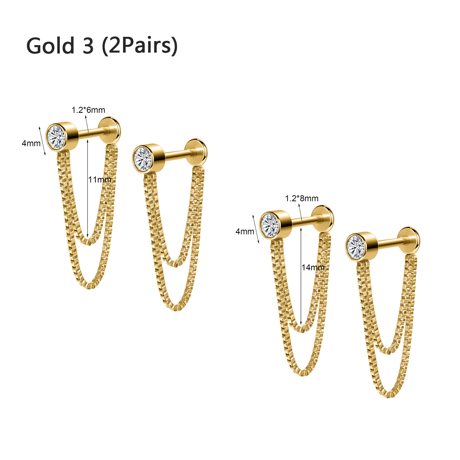 16G Stainless Steel Stud Earrings with Chain Crystal Cartilage Earrings Jewelry