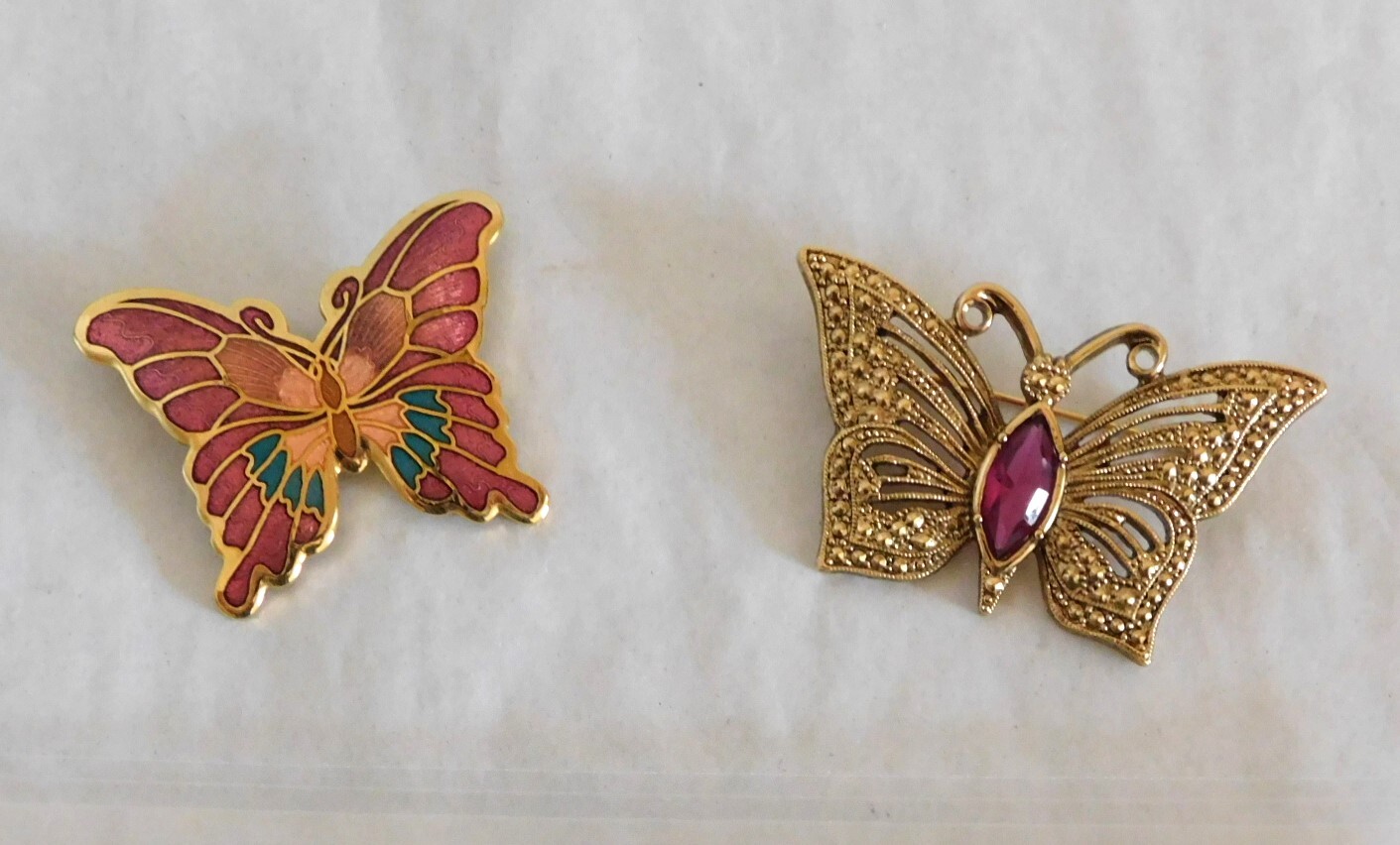 2 Butterfly Pin / Brooch – Enamel – Gold Tone w/ Purple Glass Stone (#D160)
