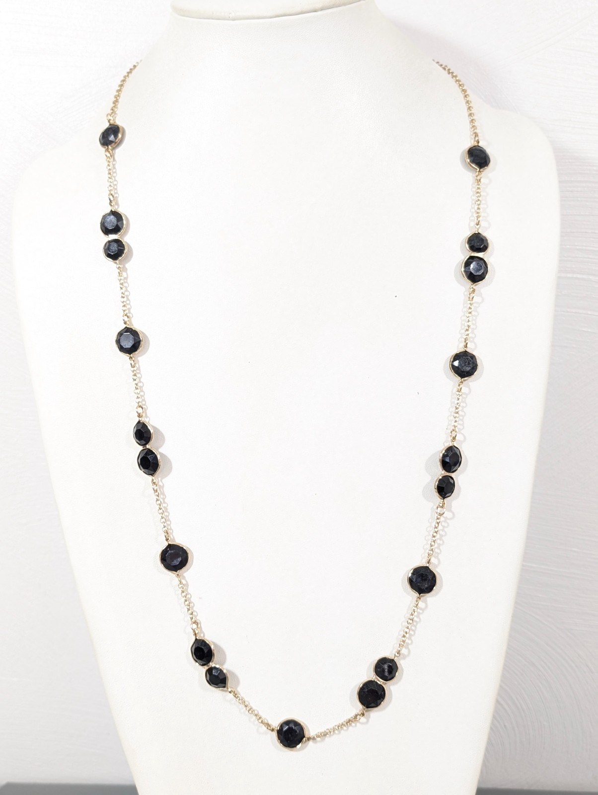 Retro Black Bezel Station Gold Tone Chain Long Necklace Elegant 35 in