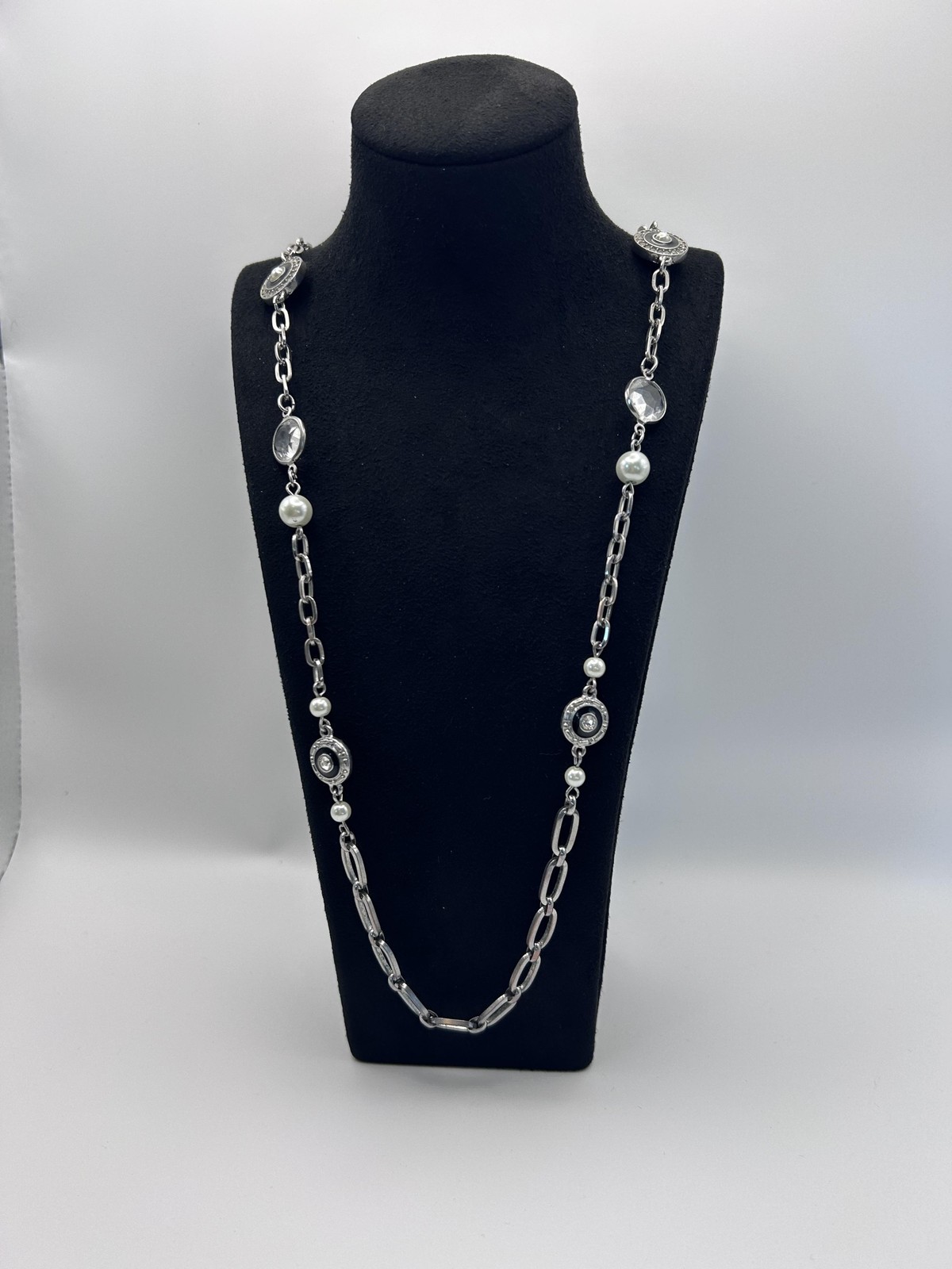Necklace Premier Designs Silver Tone Station Rhinestone Crystal Pearl