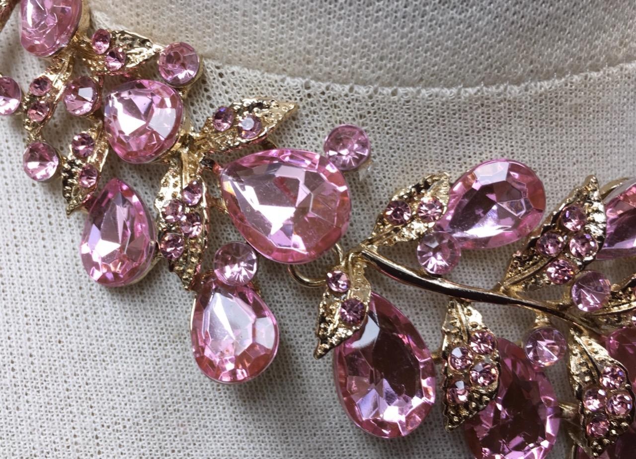 Waterfall Necklace Set Pink crystal Rhinestone Bib cluster Statement Earrings vt