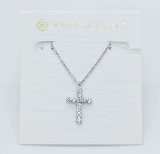 New Kendra Scott Cross Crystal Silver Pendant Necklace in White Cubic Zirconia