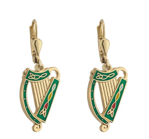 Tara Irish Harp Earrings Gold Plated & Colored Enamel Made in Ireland – Green