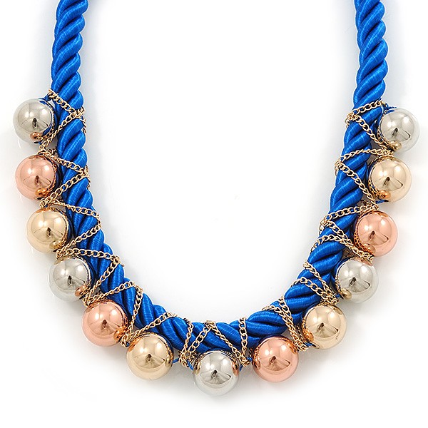 Blue Silk Cord With Gold/ Silver/ Rose Gold Balls Choker Necklace – 42cm L/ 5cm