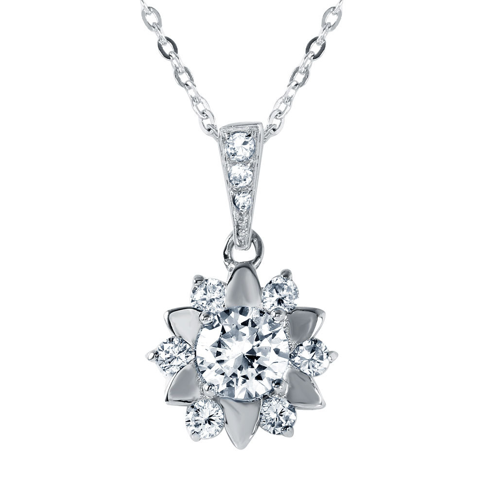 925 STERLING SILVER FLOWER SHAPED NECKLACE PENDANT W/ LAB CREATED DIAMONDS