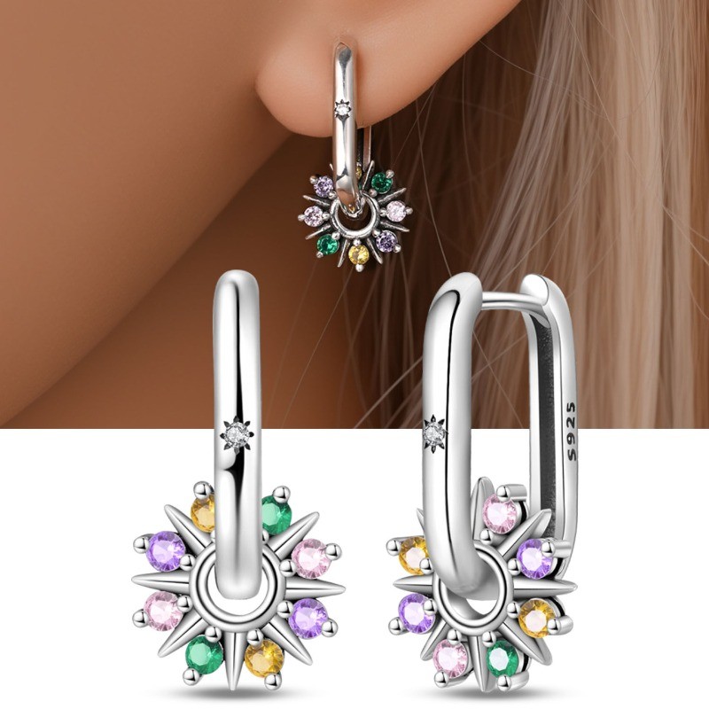KUNSIR 925 Sterling Silver Colorful Sun Dangle Earrings For Women Square Hoops