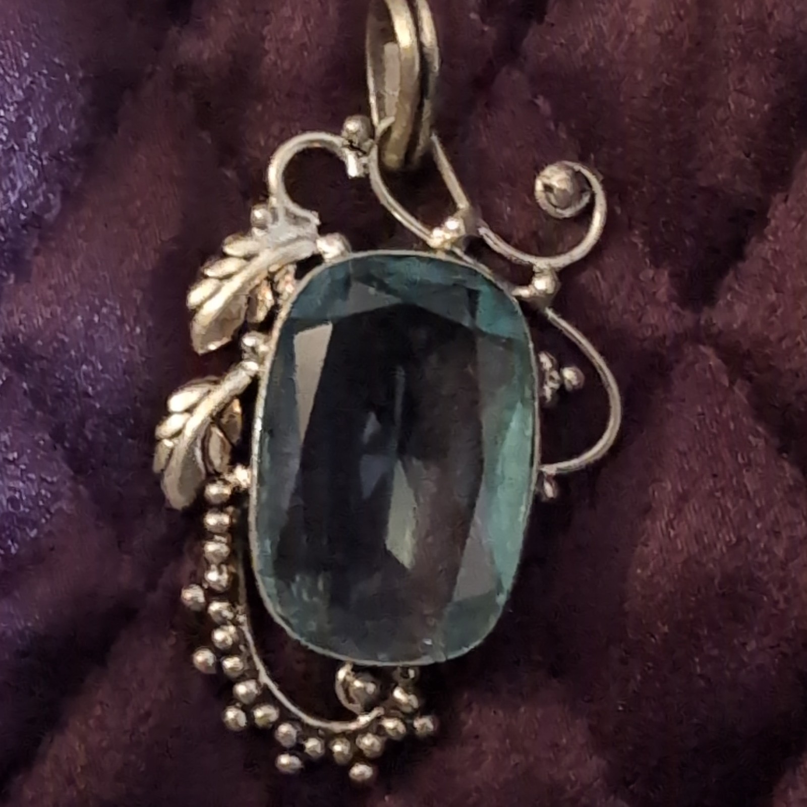Silver Tone Nature Charm Pendant w/ Bezel Set Blue Faceted Cushion Crystal
