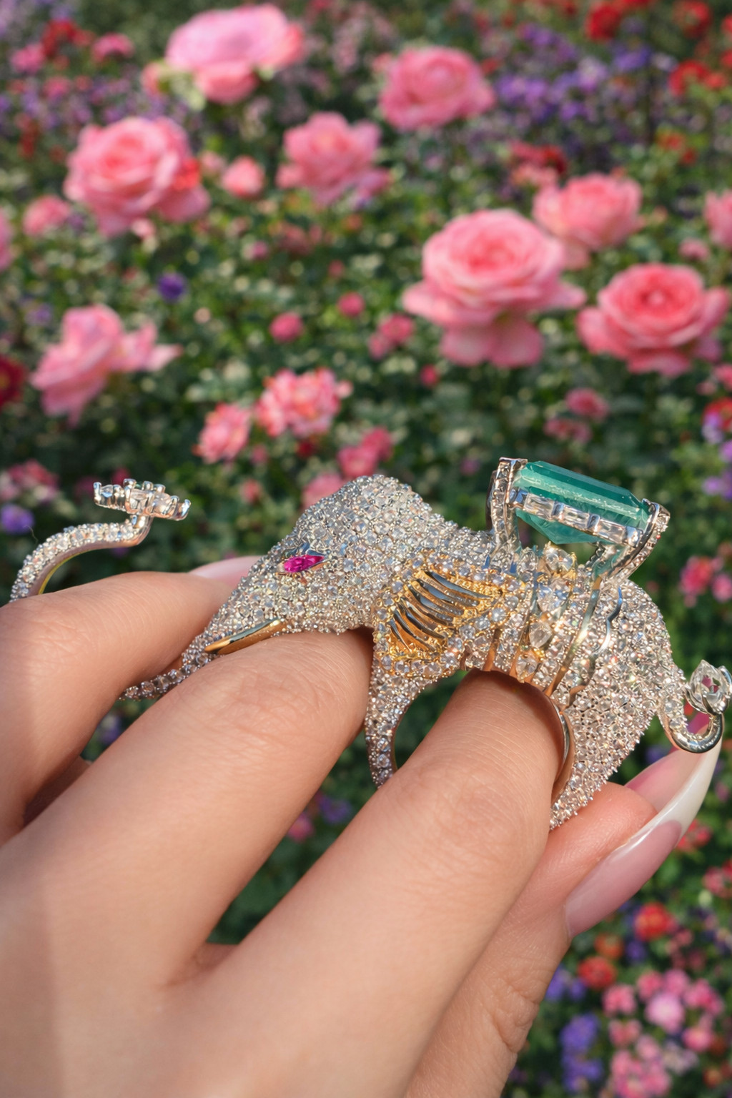 Queen Elephant 3 Finger Ring Emerald Ruby Austrian Crystals Platinum Plated Sz 8