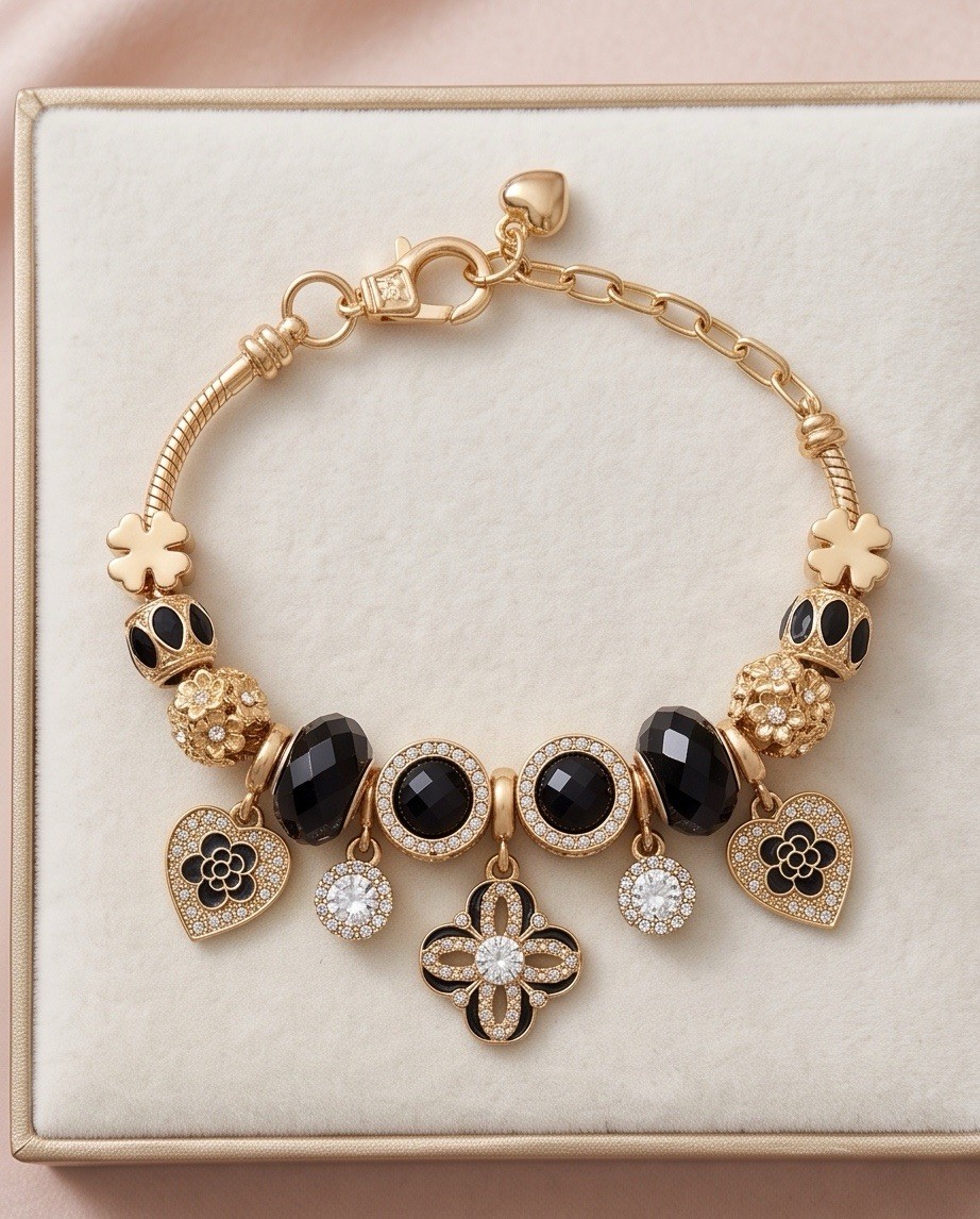 Gold & Black Onyx Style Charm Bracelet (Adjustable 6″–8″)
