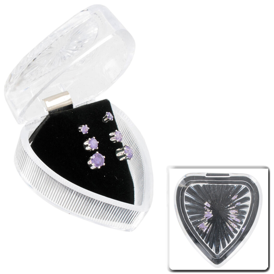 Set of 3 Round Purple Cubic Zirconia Stud Earrings Silver Tone 4.5 Ct Gift Boxed