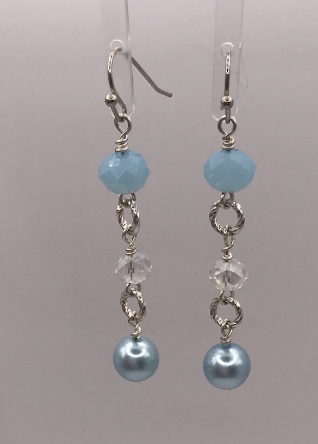 Blue Pearl/ Blue bead Fish Hook Dangle Style Silver Colored Earrings