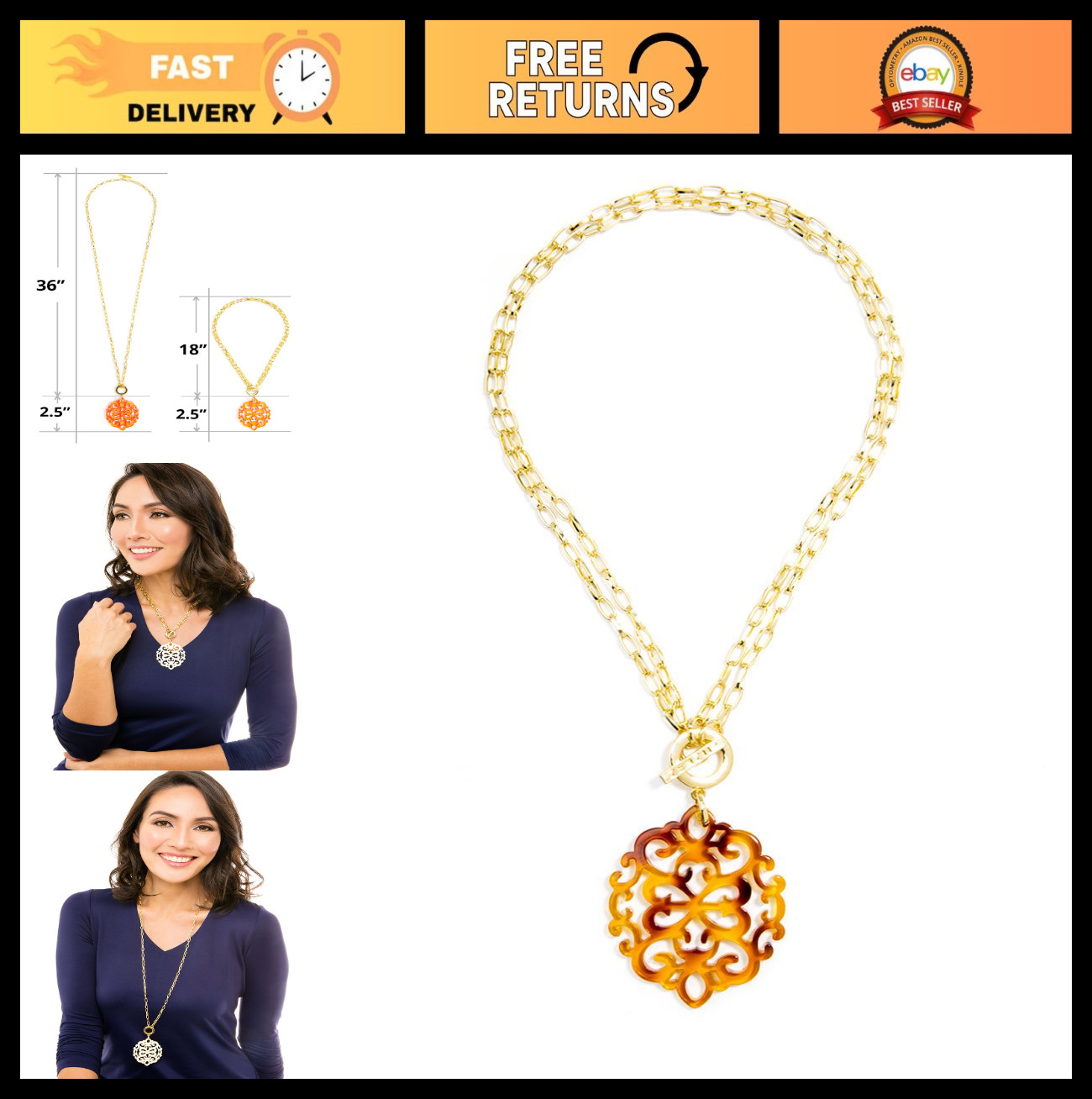 Modern Damask Acrylic Resin Pendant Necklace, Convertible Toggle Chain, Stylish