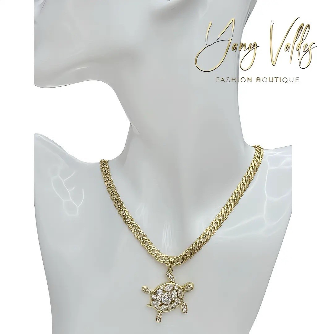 18” Spanish Link Chain Turtle Pendant Clear CZ 14K Gold Filled Necklace