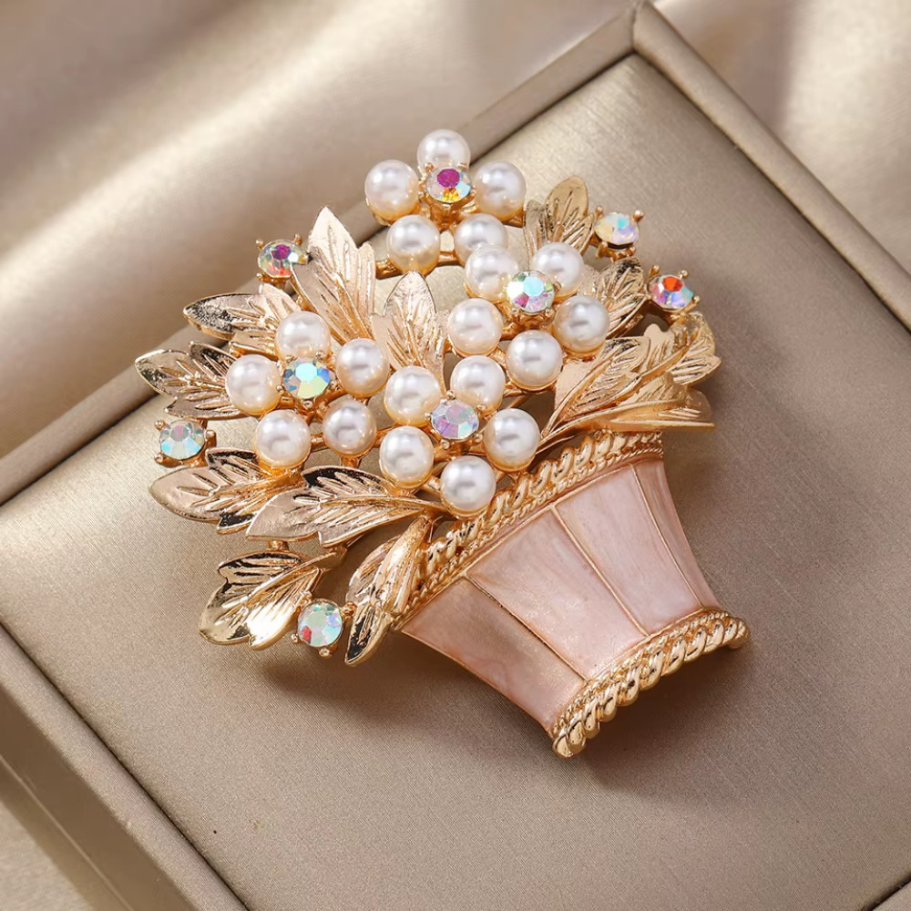 Vintage Easter Spring Flower Basket Brooch Sparkling Rhinestone Pin Jewelry Gift
