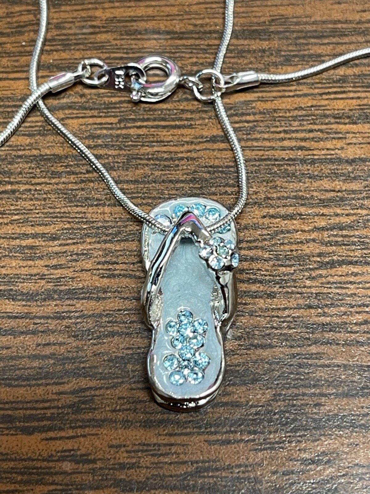 Powder Blue Aqua Flip Flop Beach Sandal Flower Charm Enamel Pendant Necklace