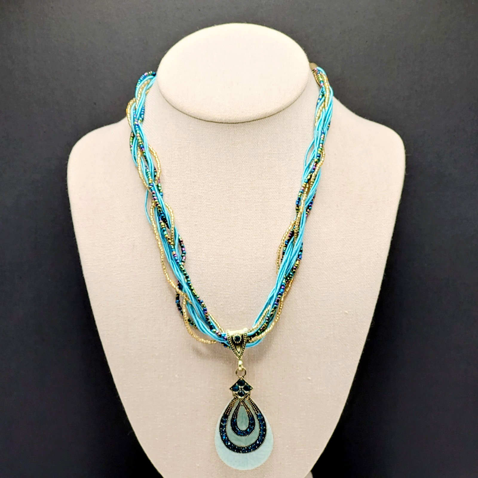 Modern Braided Multi Strand Peacock Colors Crystal Faux Stone Pendant Necklace