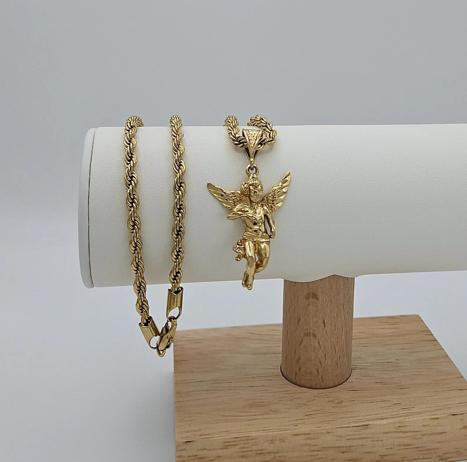 Gold Medium Sized Angel, 14k Heavy Plated Gold, 4mm Rope Chain