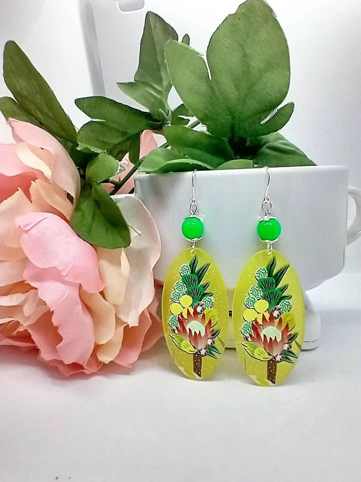 Lucite Yellow Acrylic Floral Teardrop Silver Dangle Earrings-Cactus Flower