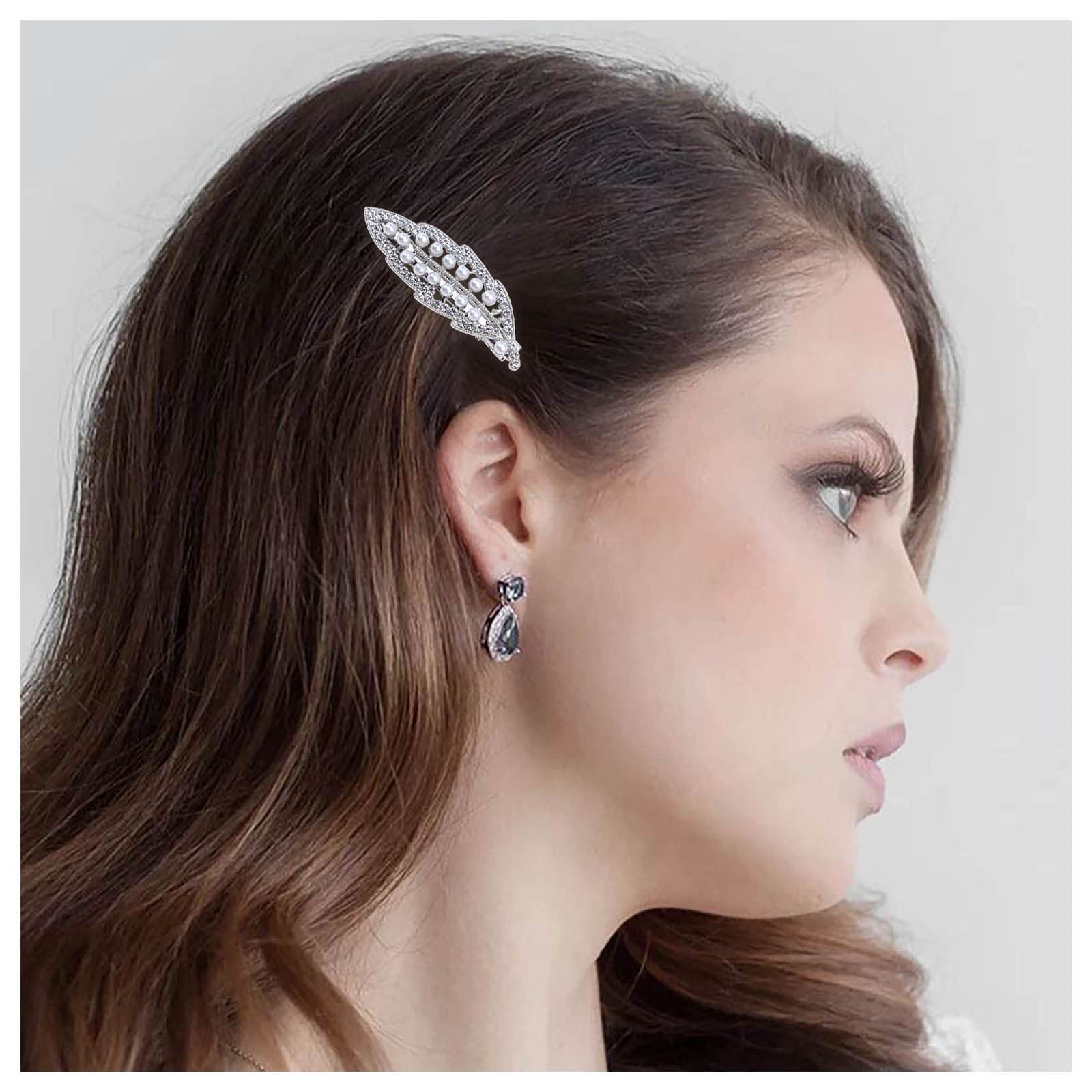 Vintage Crystal Pearl Leaf Hair Clip Barrette Rhinestone Leaf Hair Pin Barret…