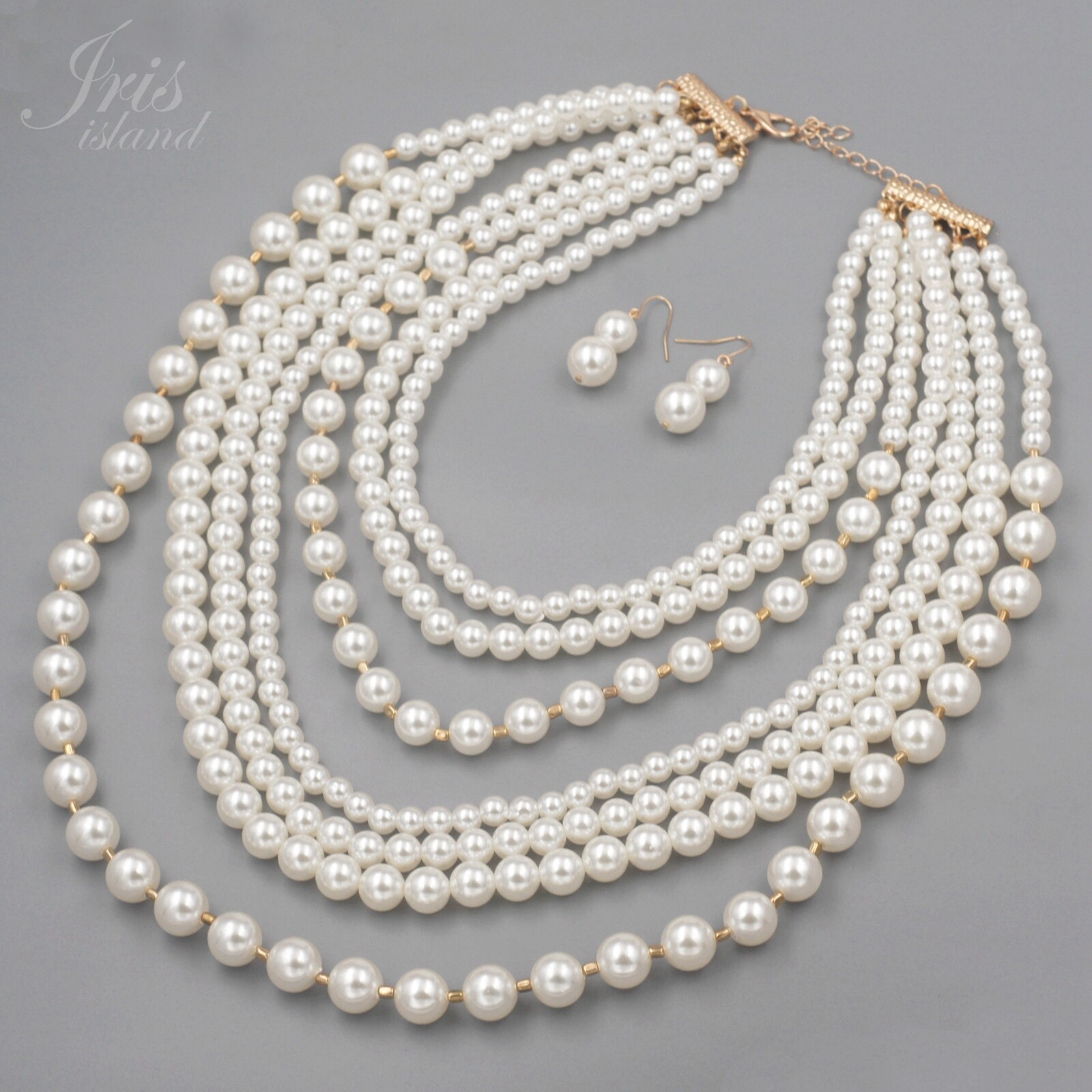 White Pearl Multi Layered Strand String Necklace Bib Earrings Jewelry set 0094