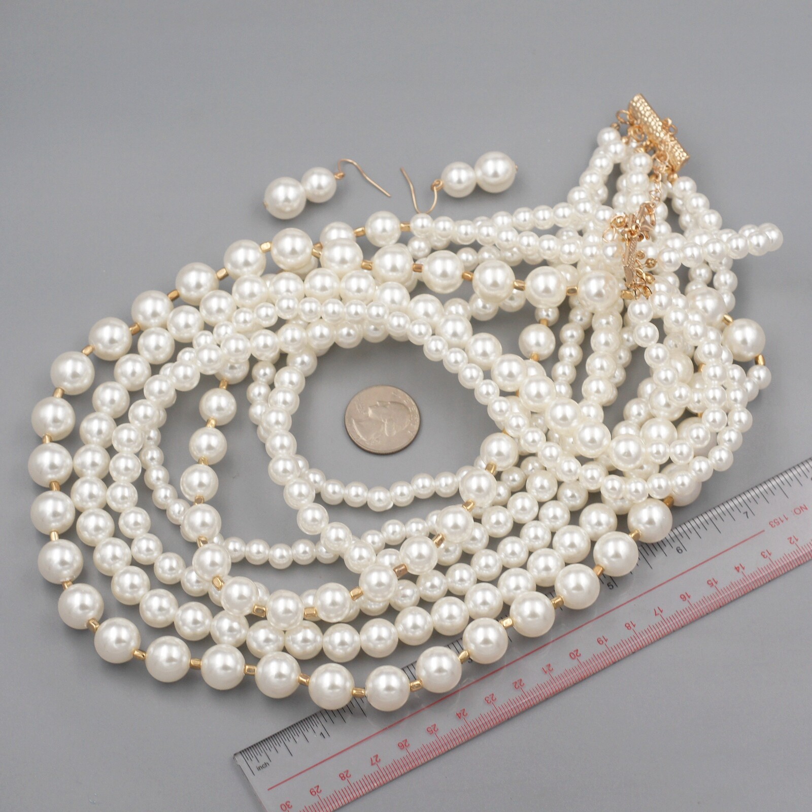 White Pearl Multi Layered Strand String Necklace Bib Earrings Jewelry set 0094