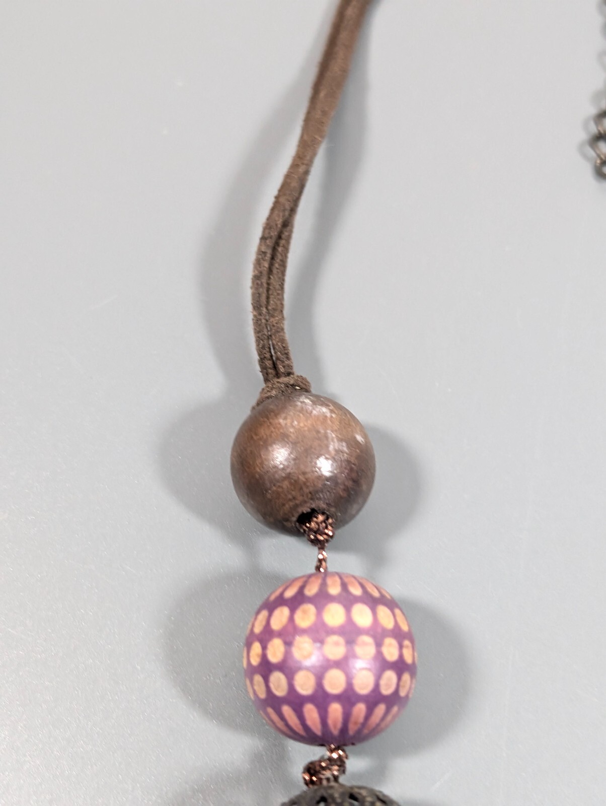 Boho Purple Bronze Tone Flower Beaded Filigree Ball Wood Cord Necklace 23 in