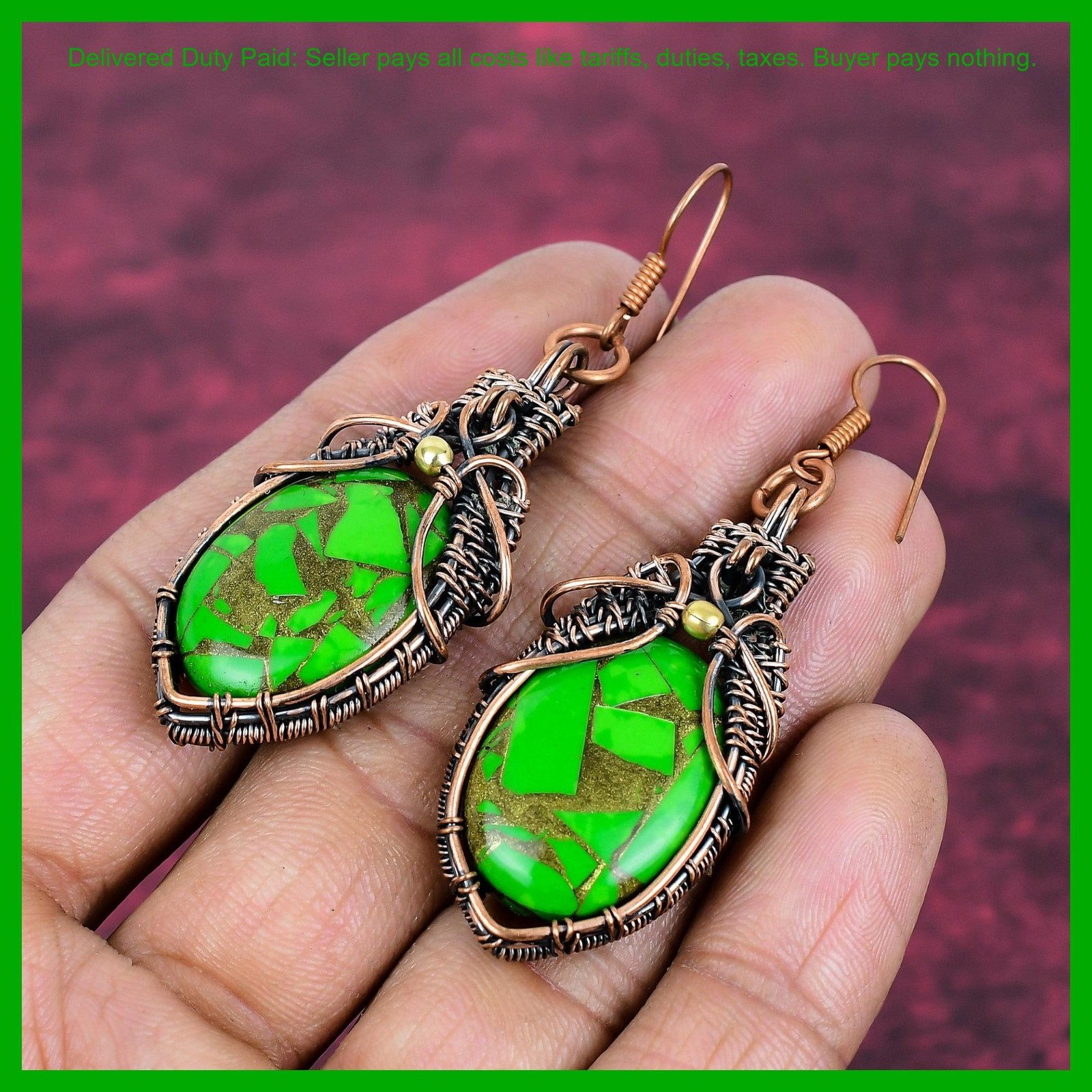 Copper Green Turquoise Gemstone Dangle Drop Wedding Wire Wrapped Earrings Copper
