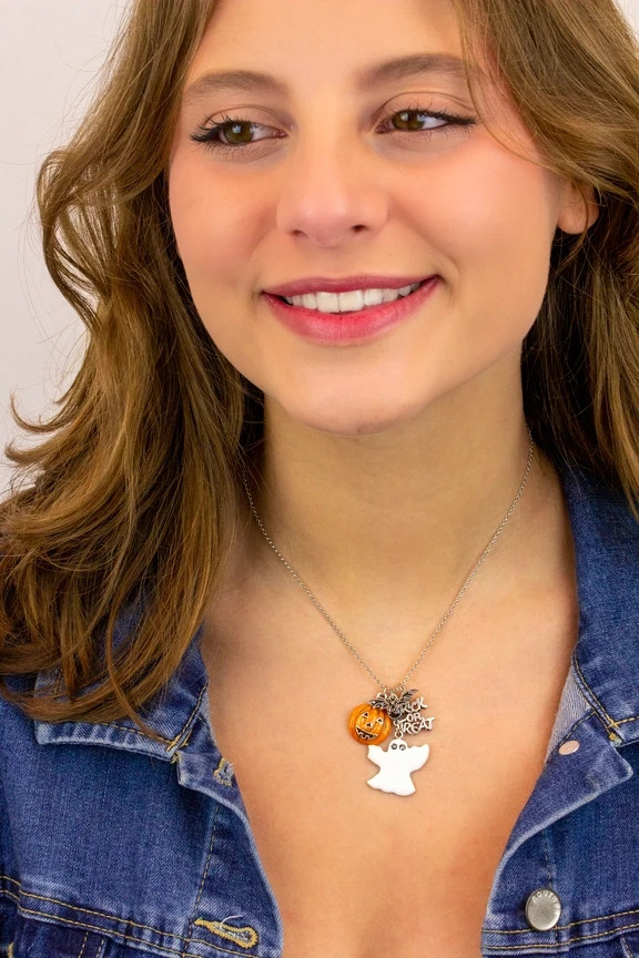 Anne Koplik Pumpkin Ghost Bat Trick or Treat Halloween Charm Necklace Made in US