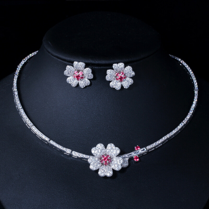 Silver Plated CZ Green Flower Choker Women Party Necklace Earrings Jewelry Set