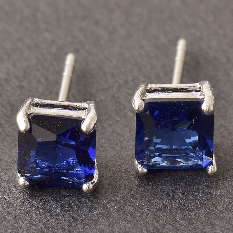 New White Gold Filled 6mm Princess Square Cut Sapphire Blue CZ Stud Earrings