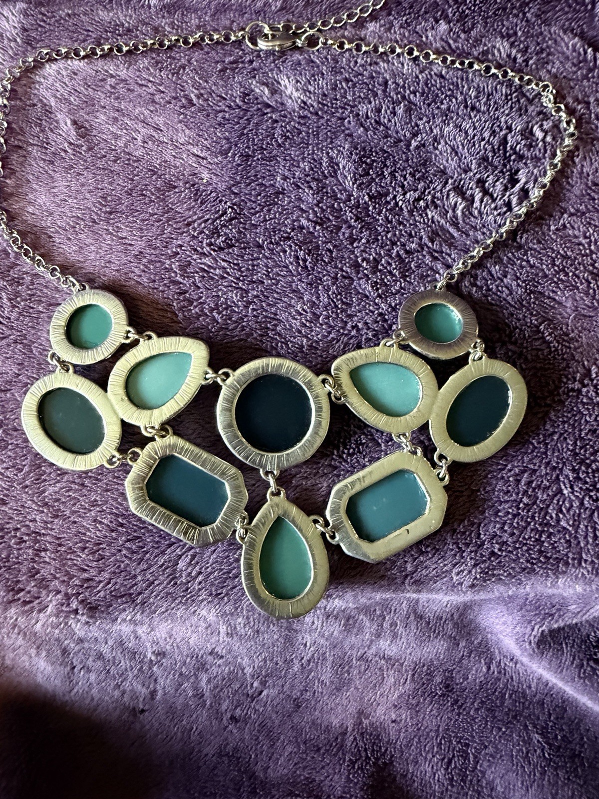Boho Vintage Green Statement Necklace Chunky Silver Tone Bib Pendant