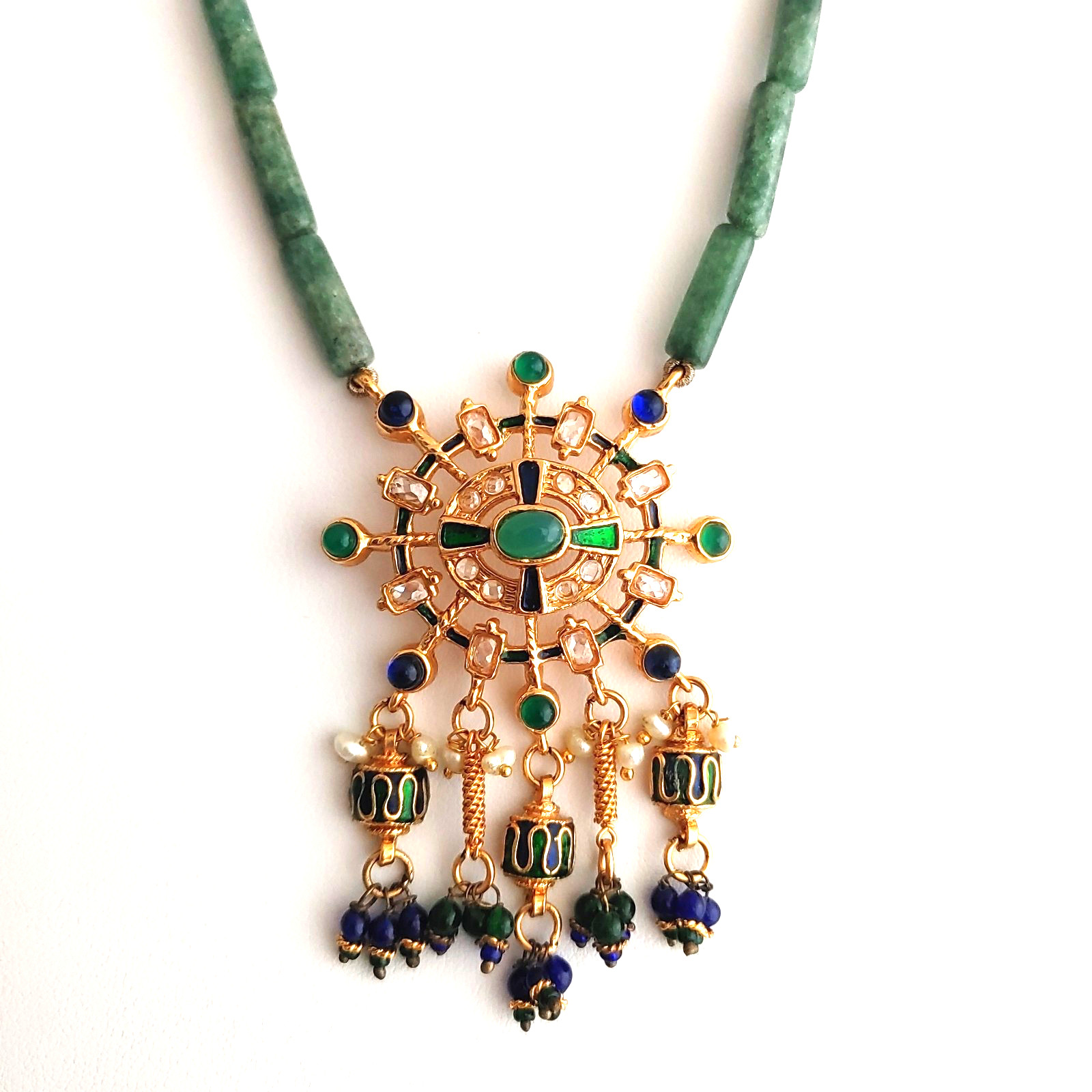 Ornate Gold Tone Green Blue Pendant Necklace Beaded Stone Freshwater Pearls 16”