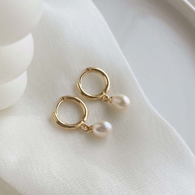Gold Tone Dangle Drop Teardrop Pearl Small Huggie Hoop Earrings Gift AJ