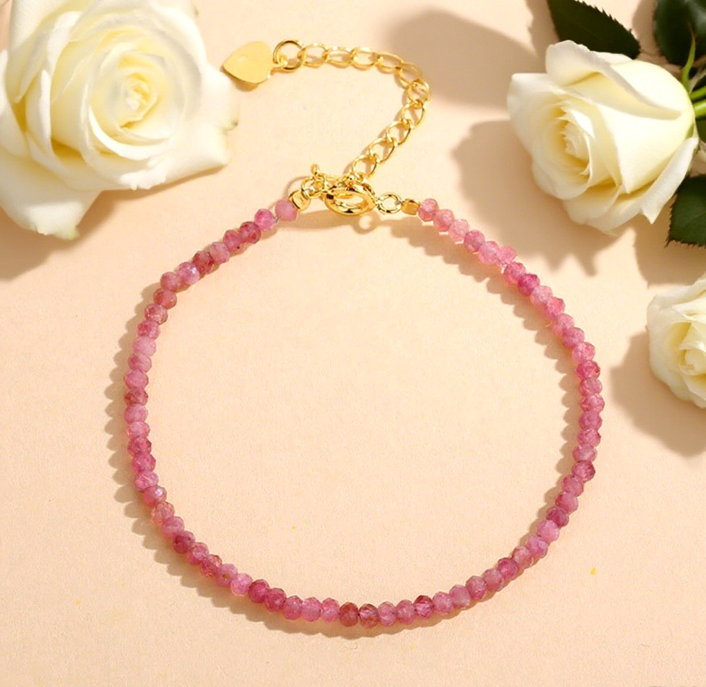 Ruby Crystal Gemstone Dainty Bracelet Minimalist Healing 3mm Faceted Beads