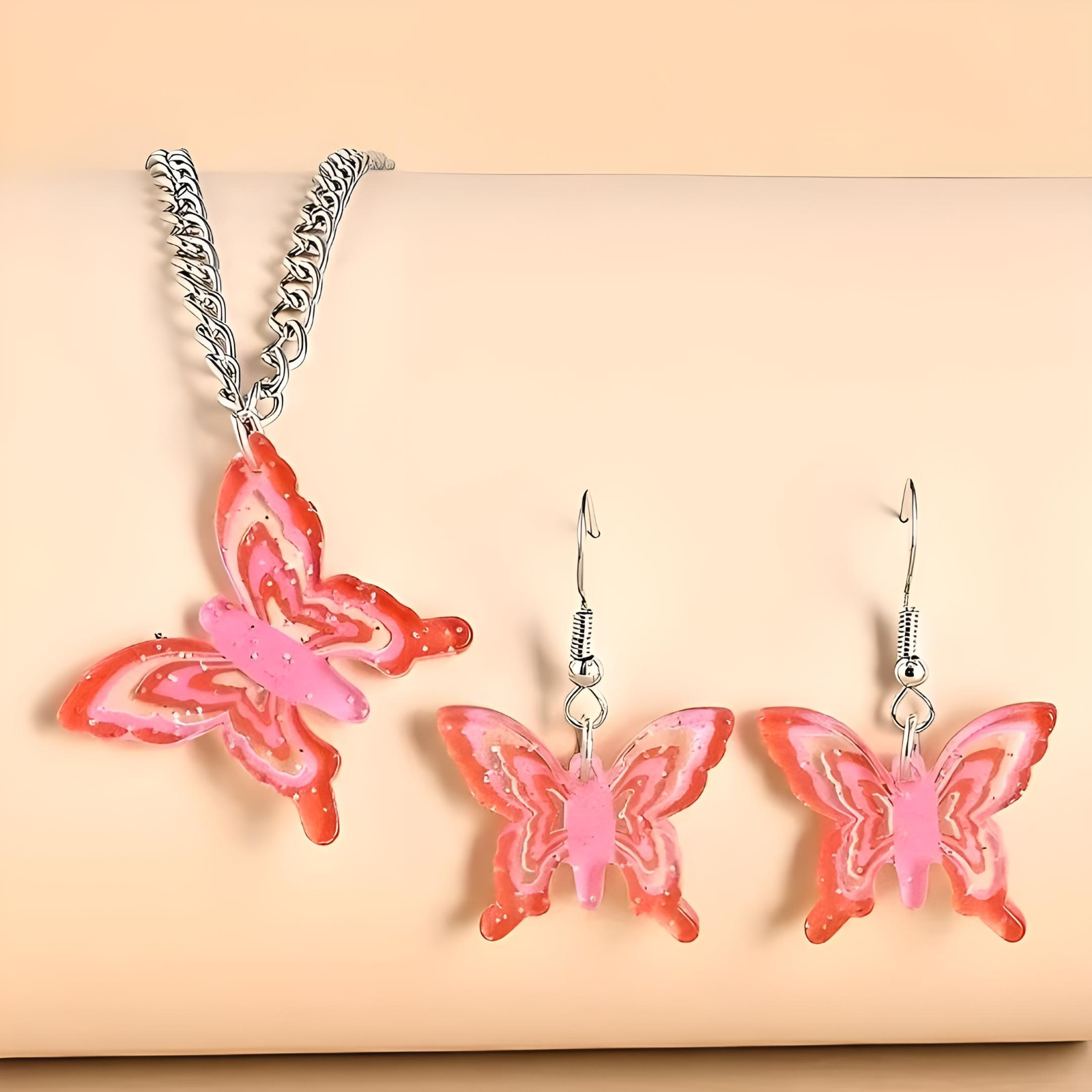 Pink Butterfly Earrings Necklace Stainless Steel Chain Jewelry Set 