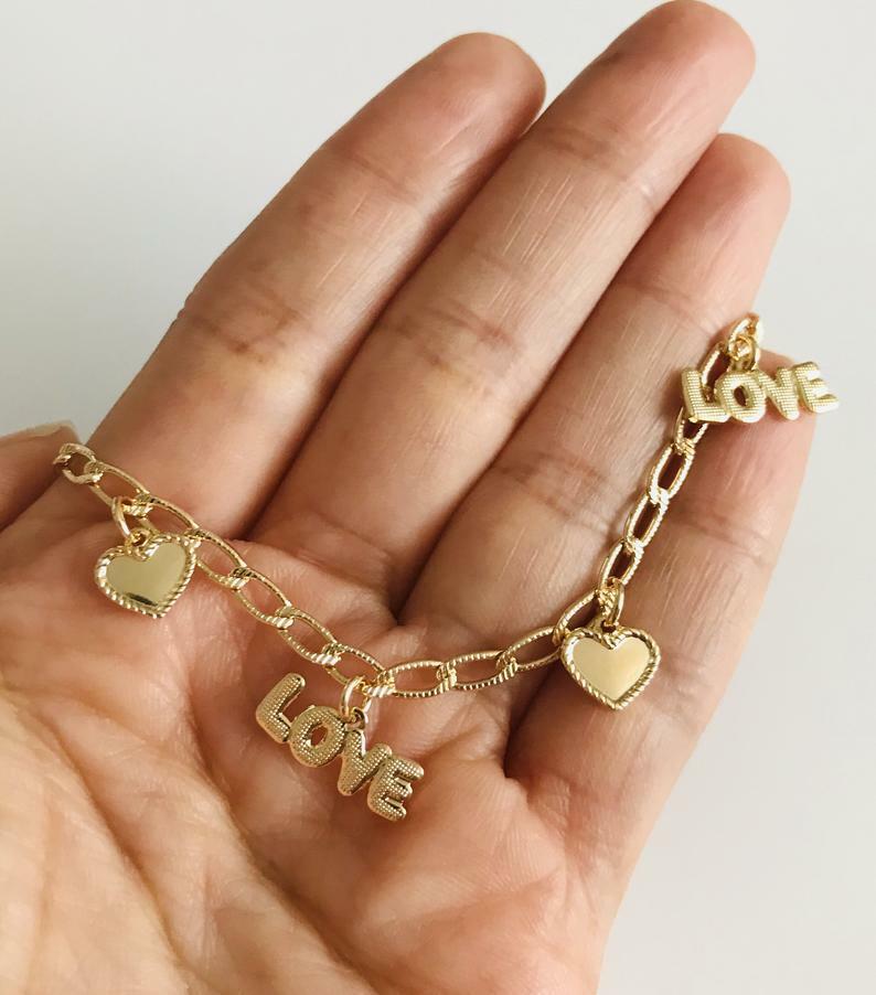14K Gold Plated Love and Heart Anklet 9.75″ Long / Tobillera Amor, Corazon – A51