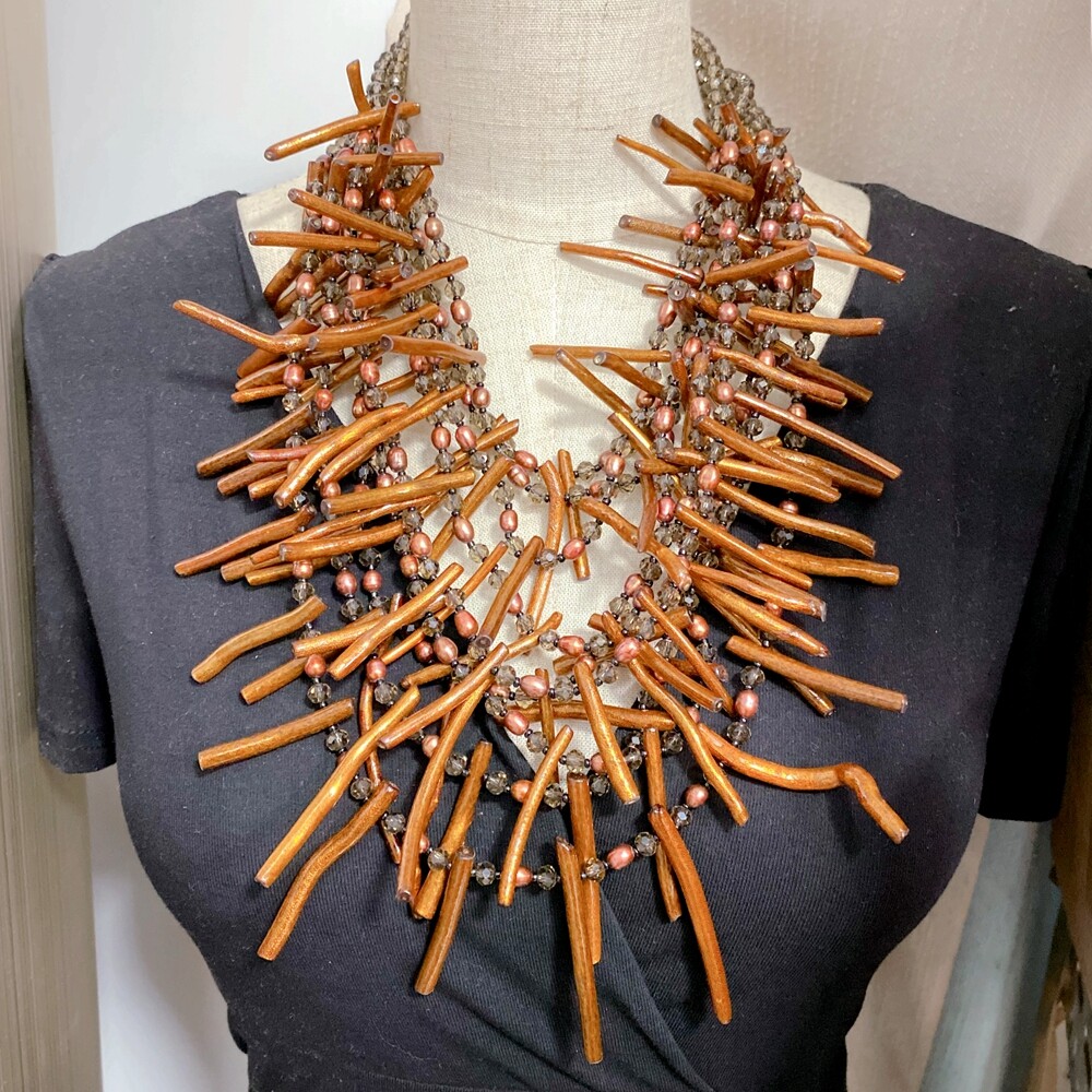 9 Strands Cultured Brown Rice Pearl Golden Coral Crystal Statement Necklace