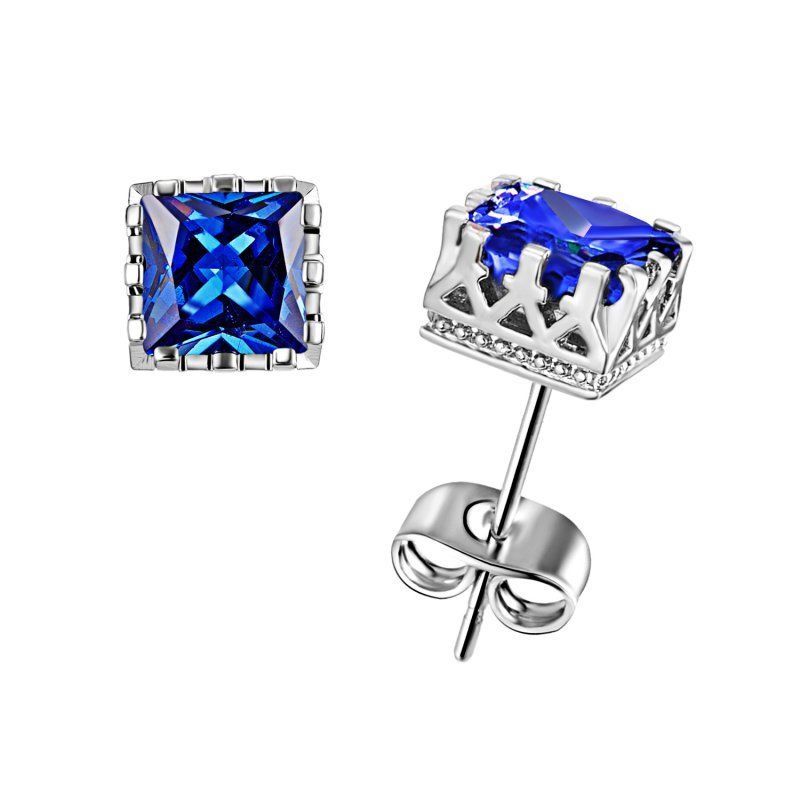 New White Gold Silver Plated Sapphire Blue Square Crown Set CZ Stud Earrings