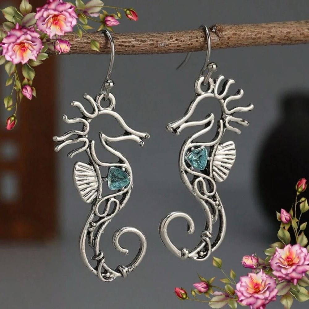 Vintage Boho Style Retro Oxidized Silver Sea Horse Pendant Earrings