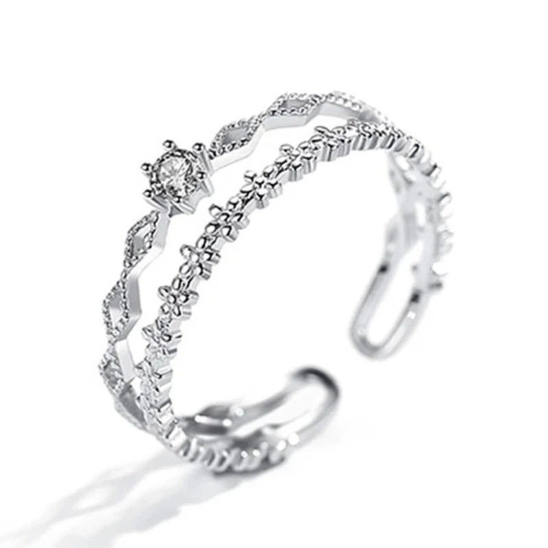 Sterling Silver Flower Lace Ring for Women Adjustable CZ Open Band Gift