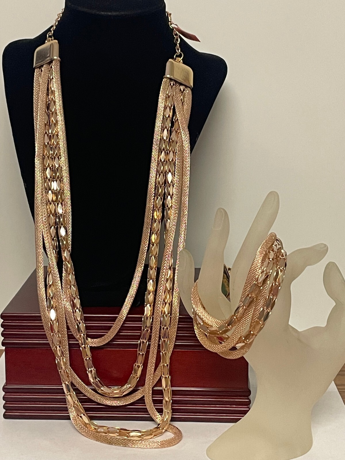 STS Rose Gold-Tone Mesh Chain Mail Adjustable Necklace & Bracelet Jewelry #610