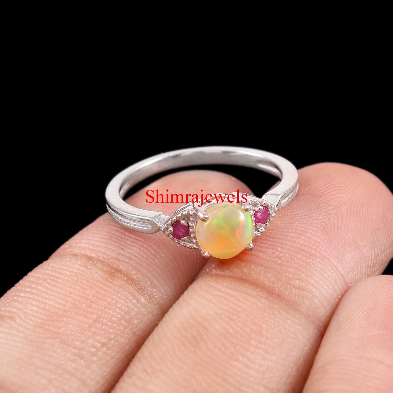 Natural Opal & Heated Ruby With 18K White Gold Plated Silver Women’s Ring #658