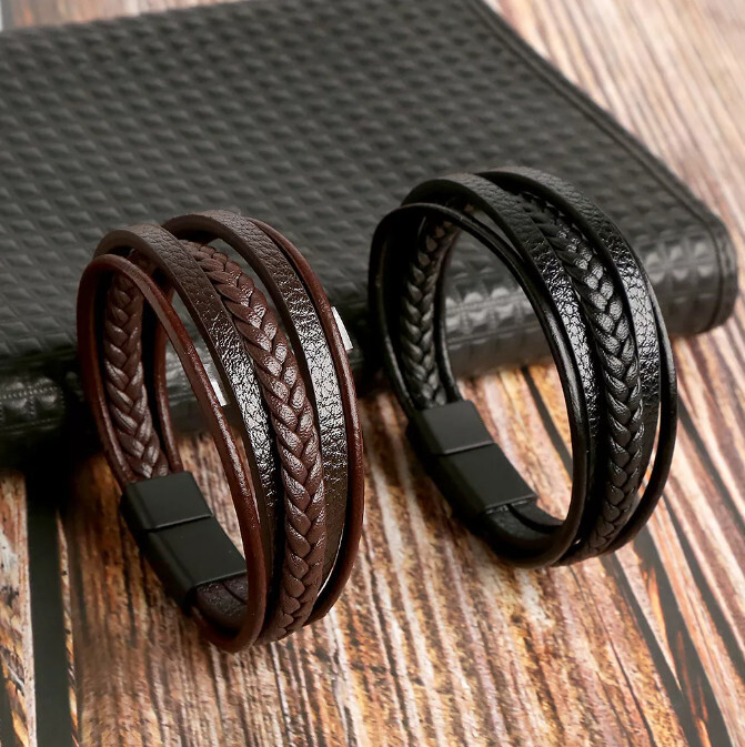 Stainless Leather Bracelet 8″ Unisex Brown Braided Magnetic Clasp Jewelry 21cm