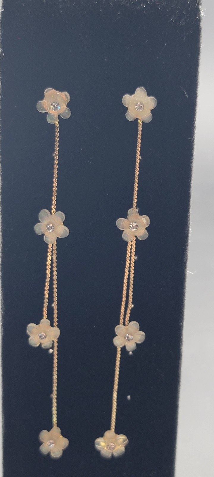 Gold Tone Flower Dangle Drop Earrings Metal 3.5in Long Floral Design